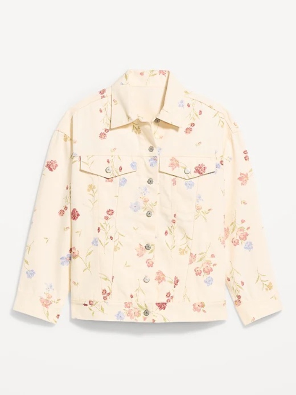 Old navy Floral Print Cream Trucker denim Jacket size small tall oversized
